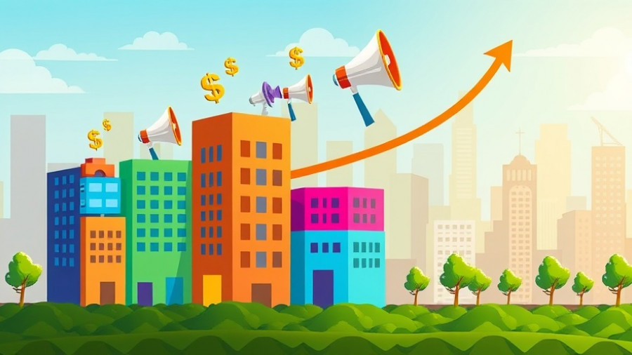 AI and human interaction in marketing concept illustration with growth icons and buildings