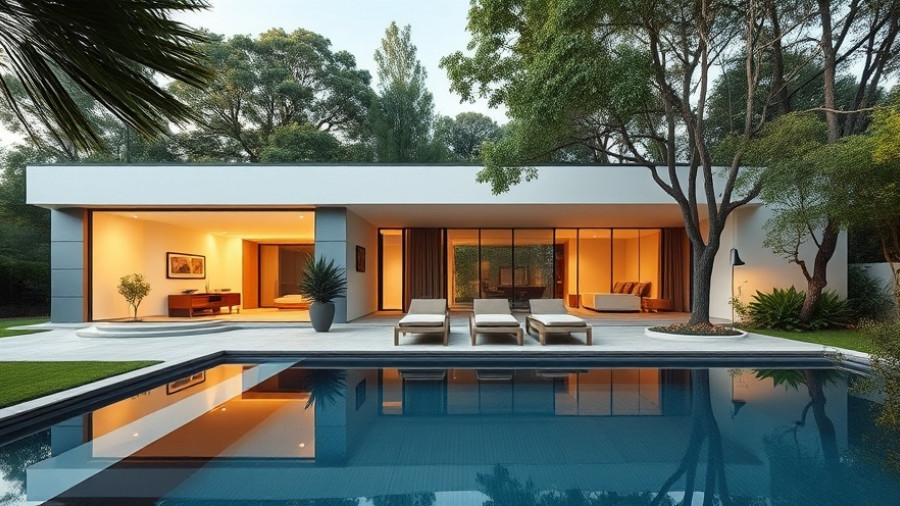 Minimalist smart home design with pool, outdoor seating, lush greenery.