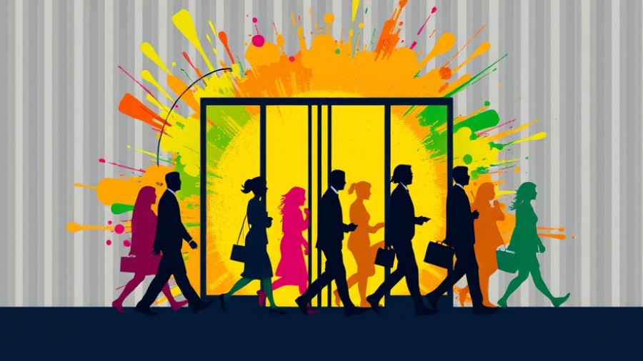 Abstract representation of tech layoffs 2025, figures exiting.