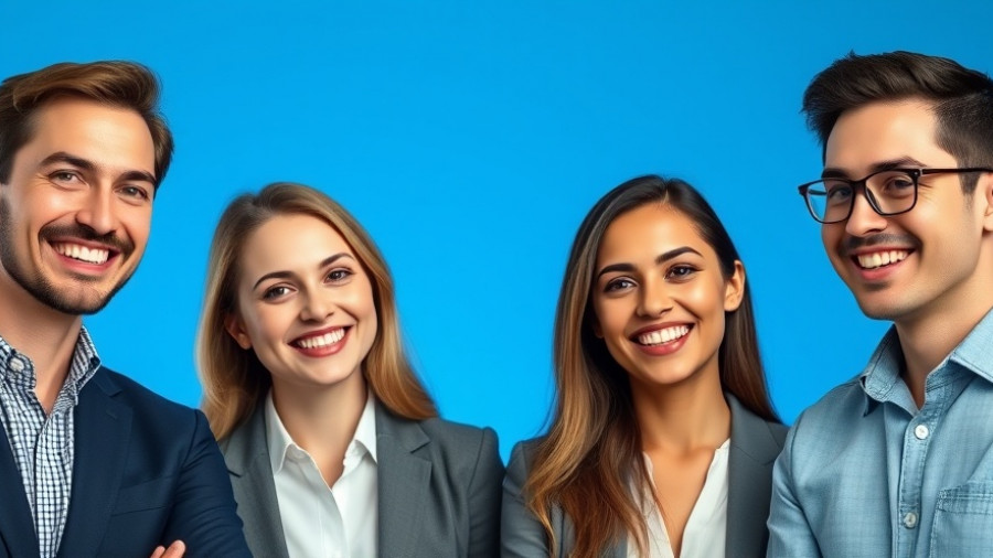 Professionals posing against a blue background for real estate market outlook 2025.