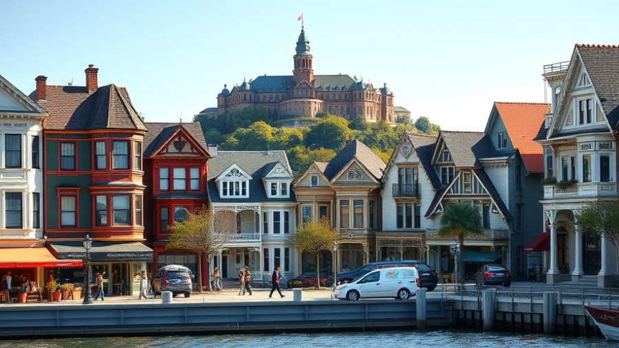 Fannie Mae home sales forecast: scenic urban neighborhood by waterfront.