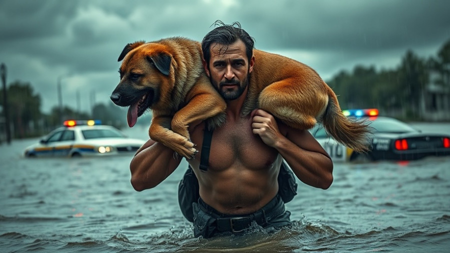 Rescue scene of man saving dog during flood, emphasizing saving animals from dying.