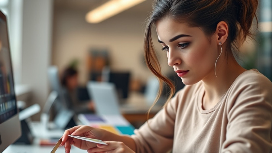 Young woman organizing cards in creative workspace, TikTok Shop offers.