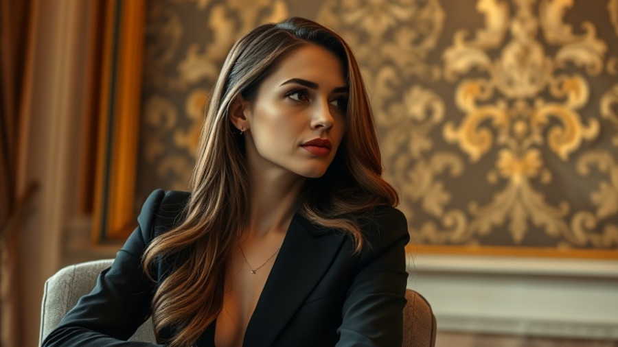 Elegant woman seated in a room with ornate wallpaper, looking thoughtful