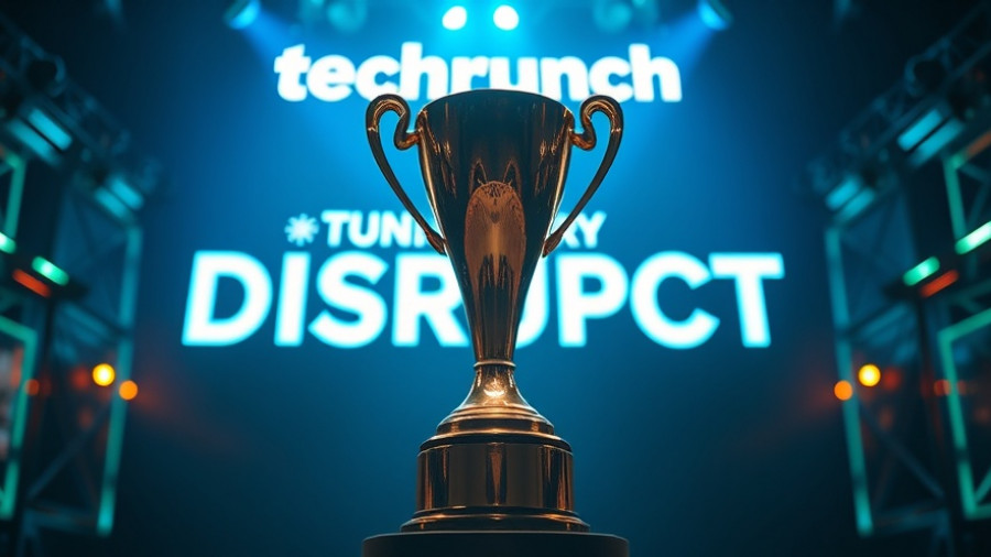 Trophy at Startup Battlefield finalists TechCrunch Disrupt 2025, vibrant backdrop.