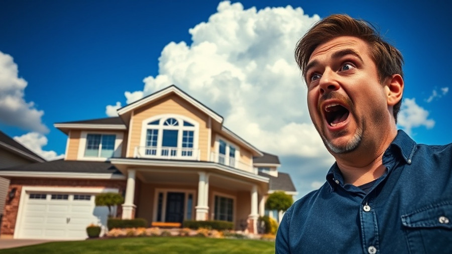 Invest in New Homes: Surprised man and elegant suburban house with blue sky.