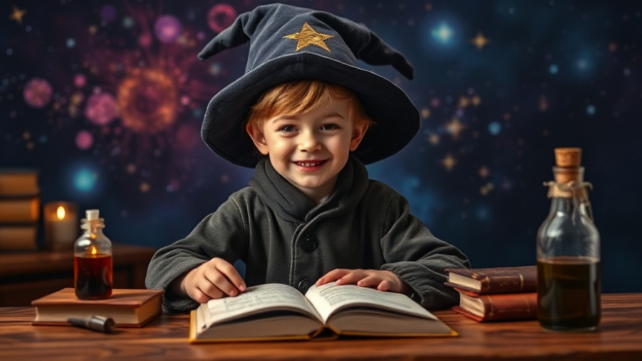 Child in wizard costume performing magic with cosmic backdrop.