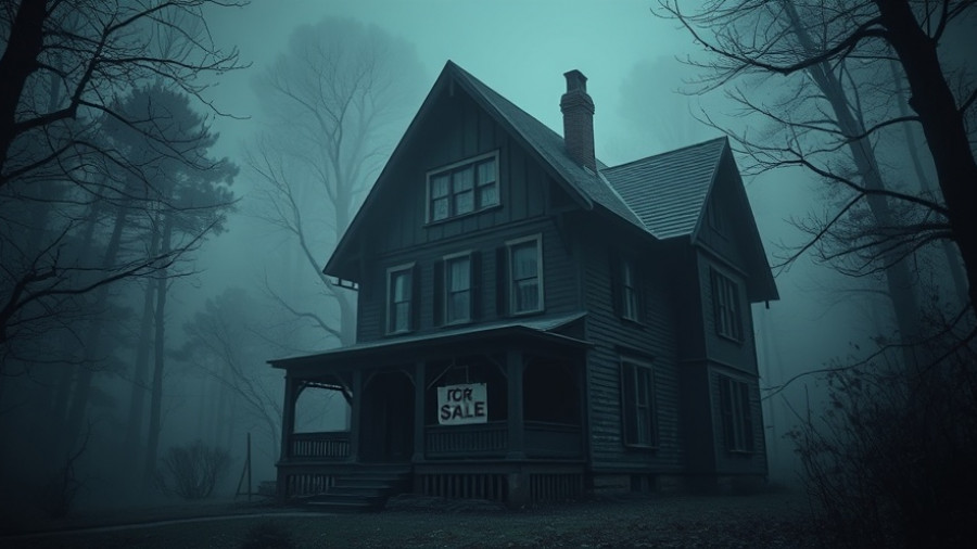 Spooky haunted house with for sale sign; Halloween marketing in real estate.