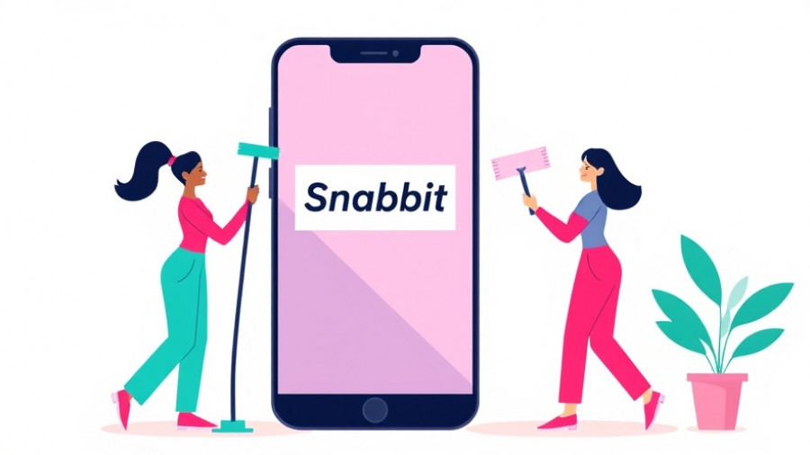 Illustration of Snabbit app with women cleaning, highlighting Snabbit valuation growth.