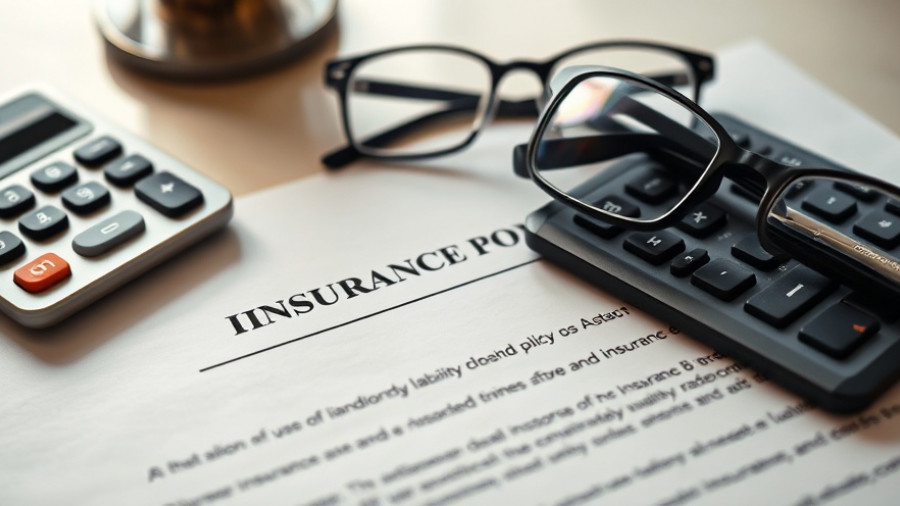 Landlord liability insurance policy document on desk with calculator.