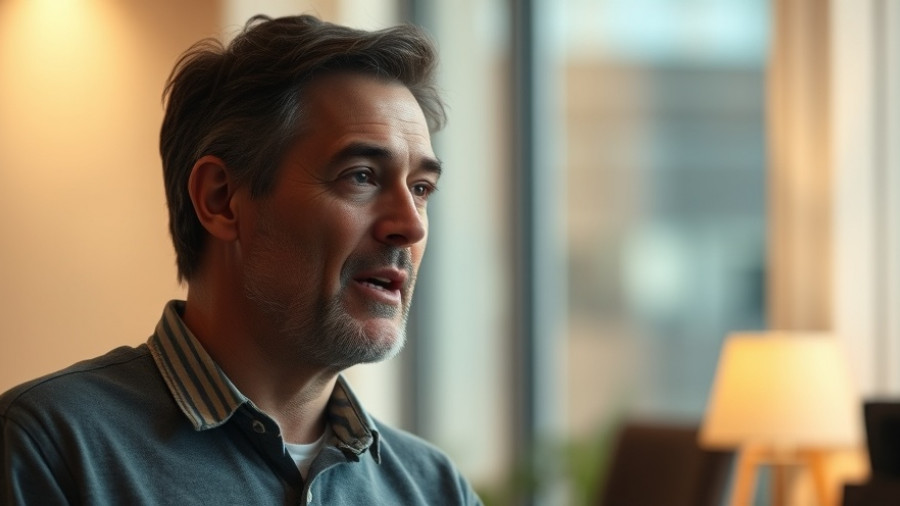 Casual man discussing creative diversification, close-up, soft lighting.