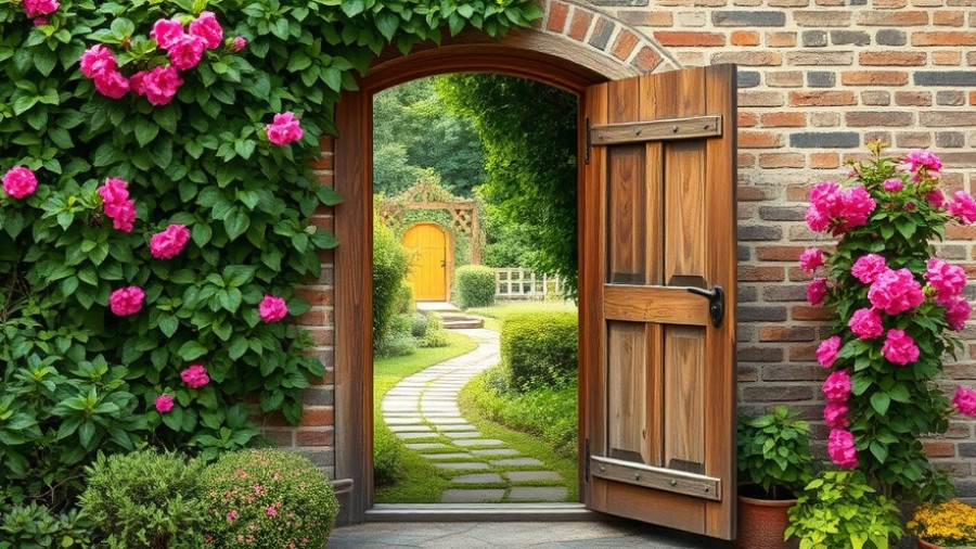 Rustic garden door opening to a lush garden path.