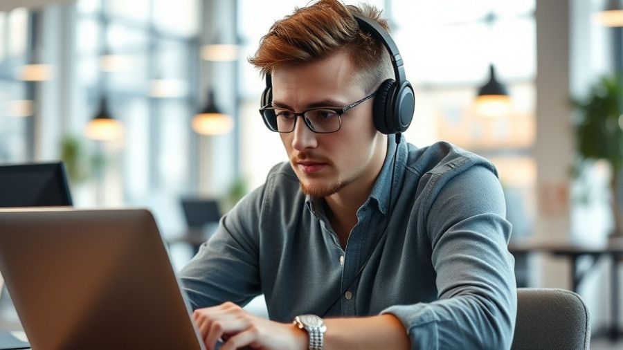 Young man using laptop for social listening strategy.