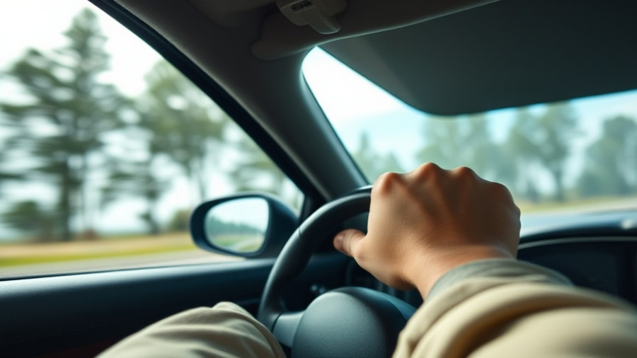 Senior driver navigating road, focus on wrist and steering wheel, blurred trees visible.
