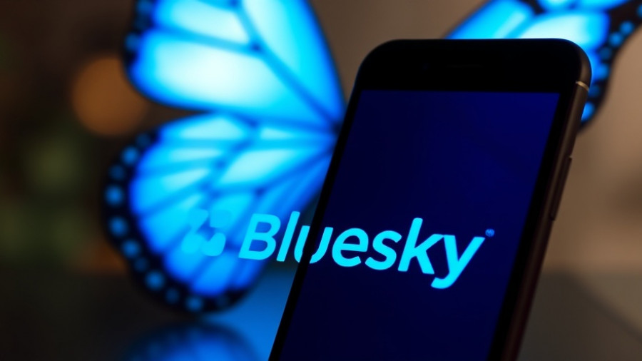 Smartphone displaying Bluesky logo, vivid blue background.