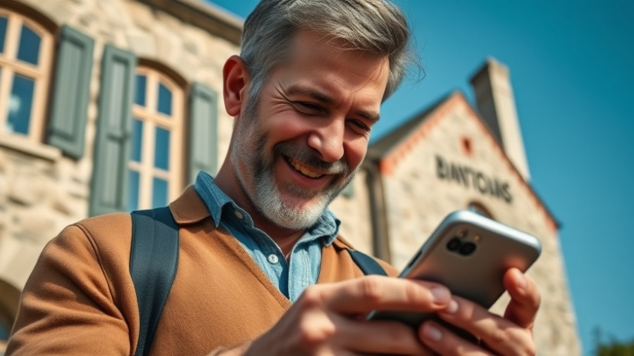 Smiling man checks phone with house in background.
