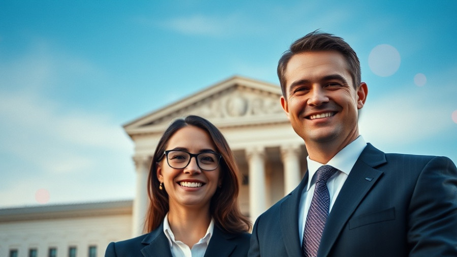 Business professionals in front of courthouse, Compass vs. Zillow antitrust lawsuit.
