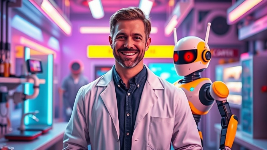 MrBeast Lab Disaster scene with scientist and robot in vibrant lab.