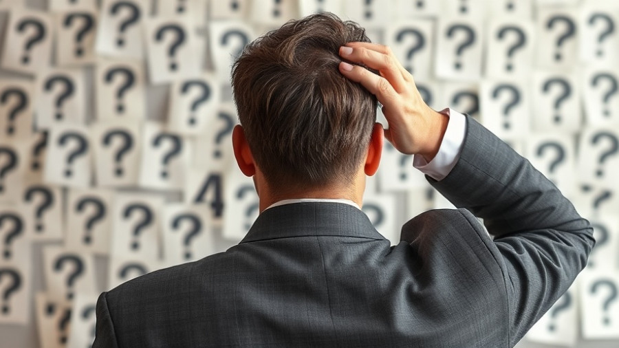 Man perplexed by wall of question marks, illustrating strategic role of asset tracking in 2025.