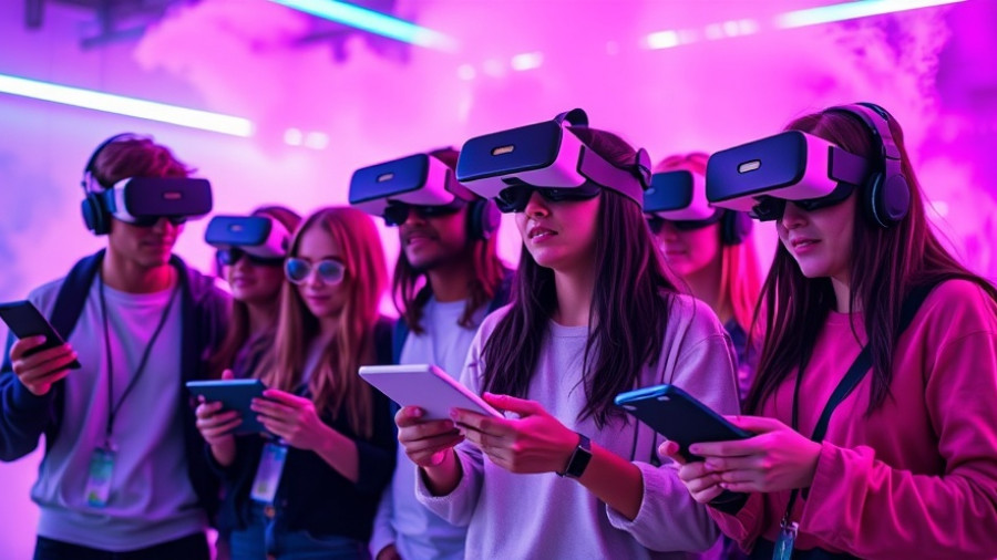 Futuristic group engaging with VR technology in neon-lit studio, Fortnite Brand Experience Agencies.