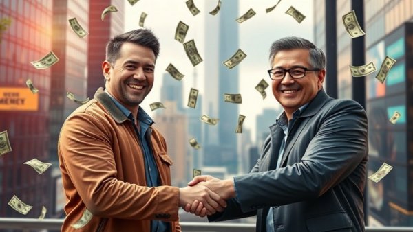 Real estate commissions concept with handshake and floating money.