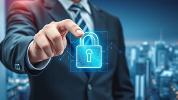 Deceiving the Real Estate Market with Deepfakes: Businessman with digital lock hologram.