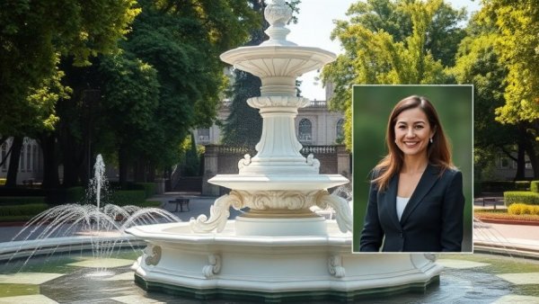 Luxury real estate trends in Savannah depicted with a fountain and an inset portrait.