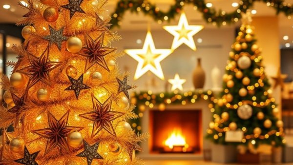 Cozy Christmas retail display with tree and lights, 2025.