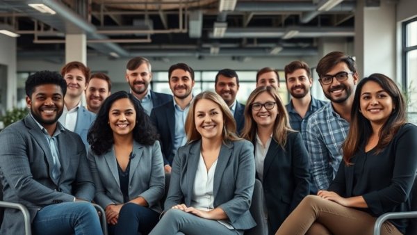 Group of professionals in a modern office discussing diffusion models in AI.
