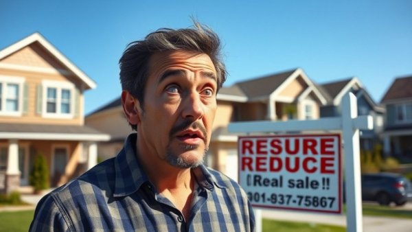 Great Stall in Real Estate - Surprised man with price reduced sign.