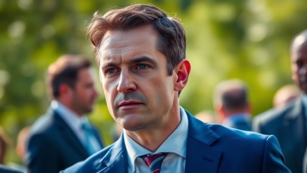 Professional man in blue suit at outdoor event with focused look.