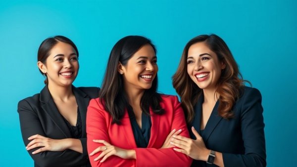 Three smiling women on a blue background discussing real estate strategies.