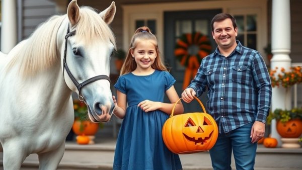 Young girl on Halloween with unusual trick-or-treat gift.