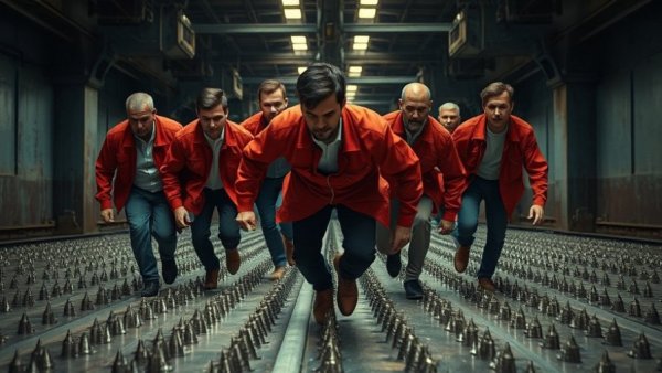 Challenge-based content featuring men in red jackets avoiding spikes.