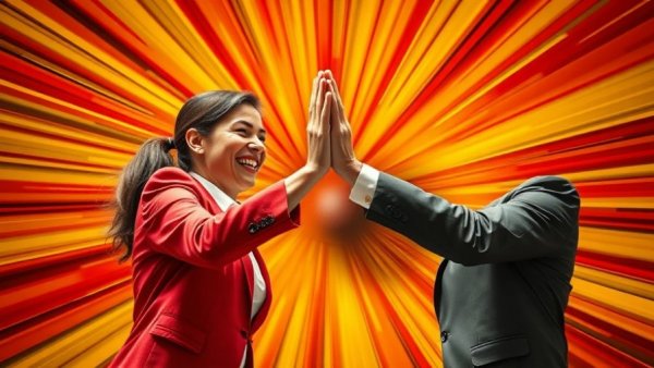 Dynamic celebration in real estate with high-five in front of vibrant burst.