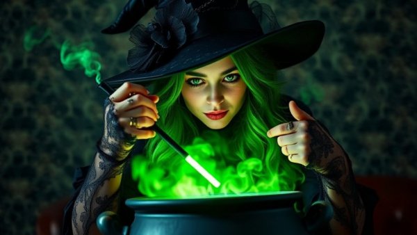 Enchanted witch casting spell over cauldron, magic phrases for real estate agents.