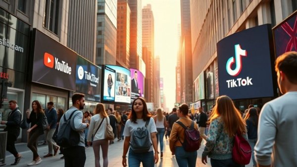 AI disclosure rules displayed on social media screens in an urban setting.