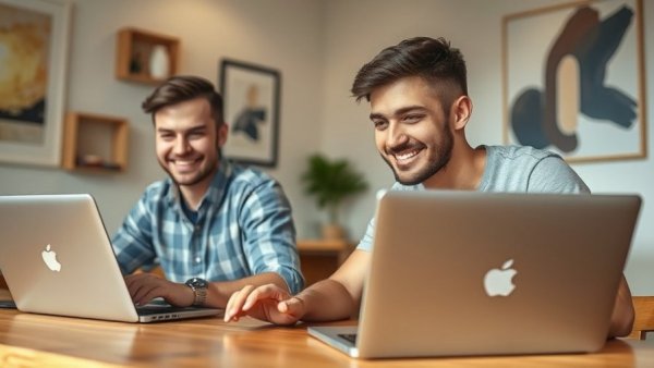 Two men collaborating on laptops in a casual setting, promoting a location-sharing friendship app.