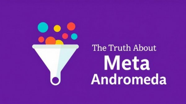 Meta Andromeda and Ad Retrieval illustration with funnel and orbs on purple.