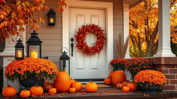 Charming fall curb appeal with pumpkins and lanterns on porch.
