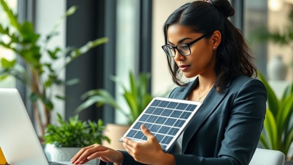 Professional marketing solar power systems using laptop and solar panel.