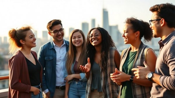Young professionals discussing brand growth on a rooftop, boosting brand awareness influencer agencies.