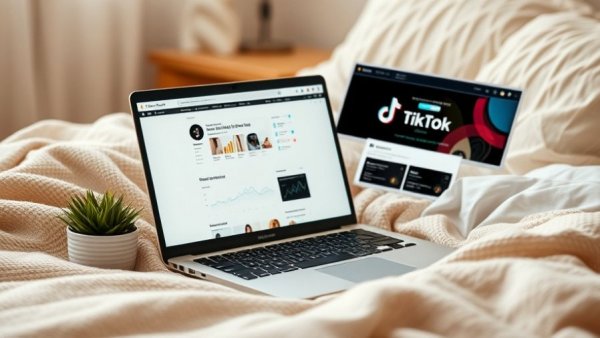 Laptop with TikTok page open, showcasing analytics data, next to a plant.