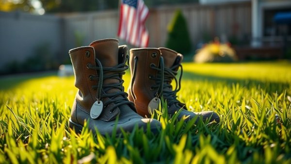 Military boots and dog tags on grass symbolize Veterans Housing Affordability.
