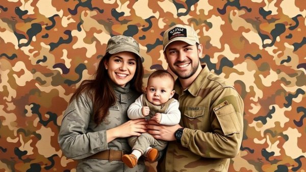 Family with baby in camouflage backdrop representing affordable military housing.