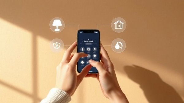 Hands controlling smart home devices on phone with tech icons.