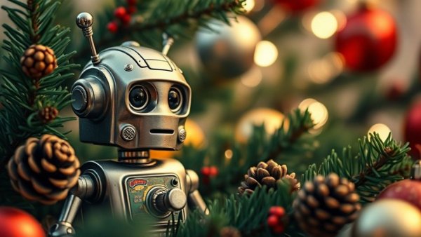Festive holiday scene with a vintage robot toy amidst decorations, AI holiday shopping 2025
