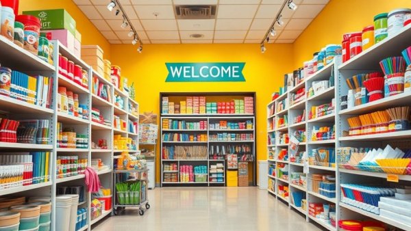 Vibrant wholesale craft supplies store with colorful shelves and inviting entrance.