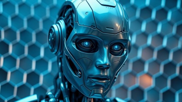 Futuristic humanoid robot head in a hexagonal tech environment, high-touch loan advisors with tech tools.