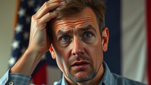 Concerned man pondering 50-Year Mortgages against flag backdrop.